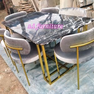 Dining table full set stainless steel frame with marble top and 6 chair